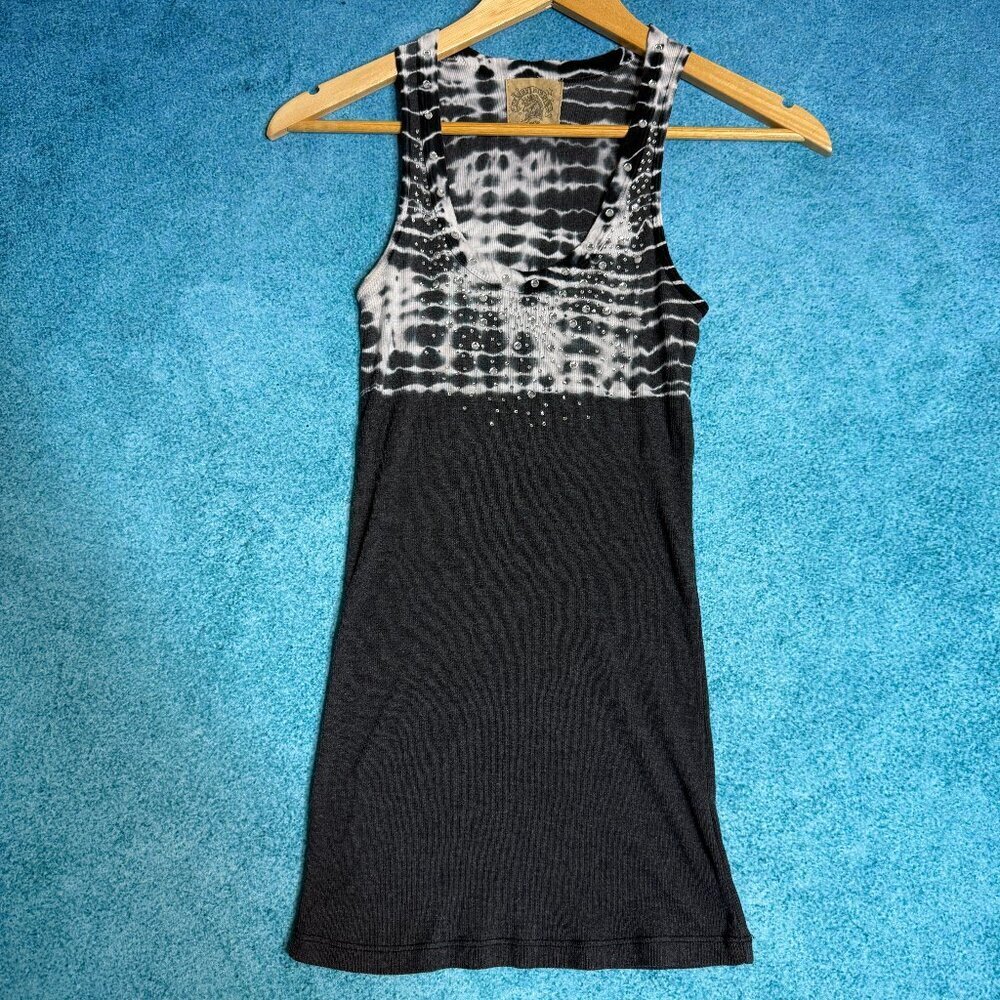 Vintage Y2K SKINNY MINNIE Size Small Gray White Tank Top with Rhinestone